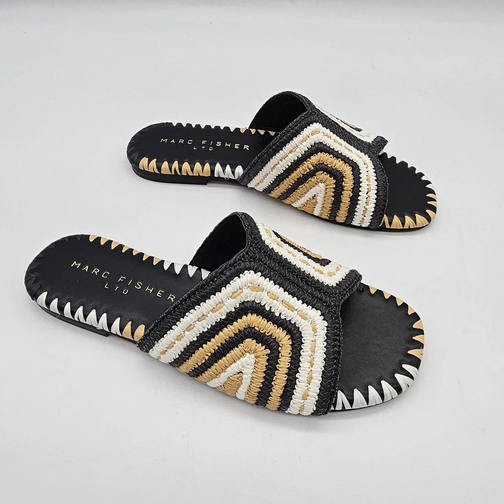Marc Fisher LTD NOTTIE Womens 6.5 Black Raffia Crochet Slide Sandals Boho Summer